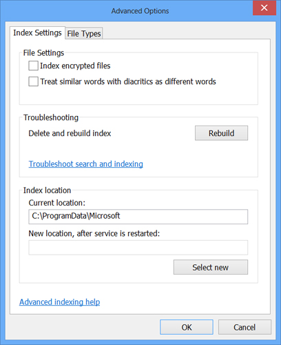 Windows indexing options